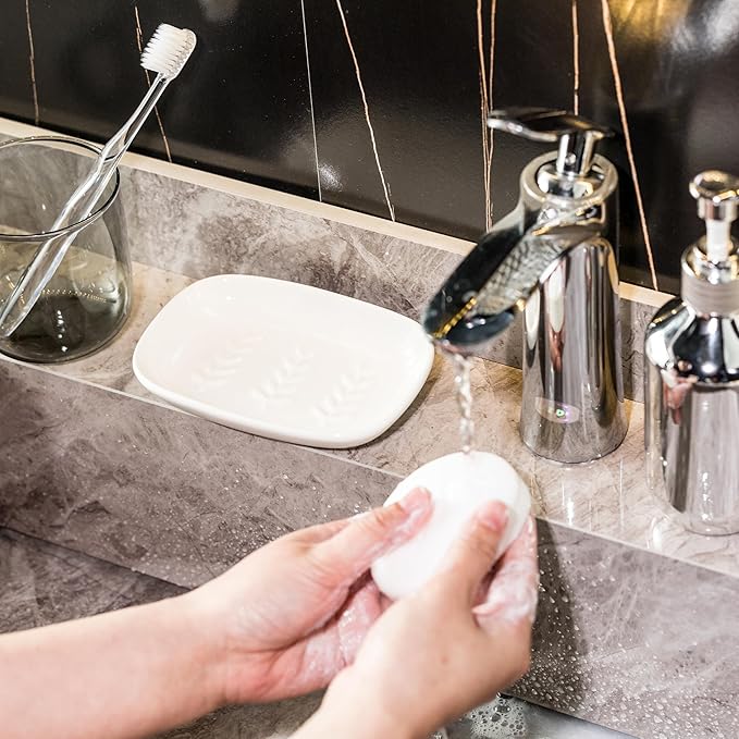 Soap Dish Soap Holder Shower, Ceramic Soap Dishes for Bar Soap Sponge, Shower Soap Dish Soap Saver Tray for Bathroom Kitchen Sink, Easy to Clean, White