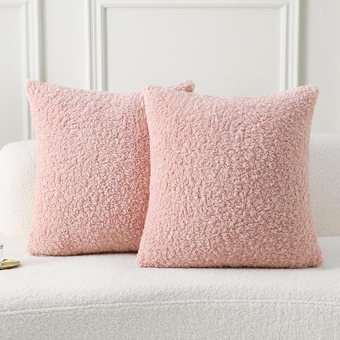 FUTEI Pink Throw Pillow Covers 16x16 Inch Set of 2,Furry Faux Fur Teddy Boucle Textured Cushion Covers,Soft Fluffy Decorative Pillow Case,Home Decor for Couch Bed Living Room Office Car