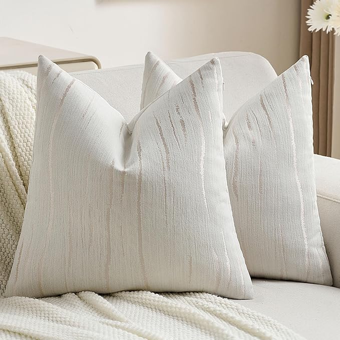 FUTEI Cream Chenille Decorative Throw Pillow Covers 22x22 Inch Set of 2,Soft Embossed Striped Textured Cushion Case,Modern Home Decor for Couch Bed Living Room