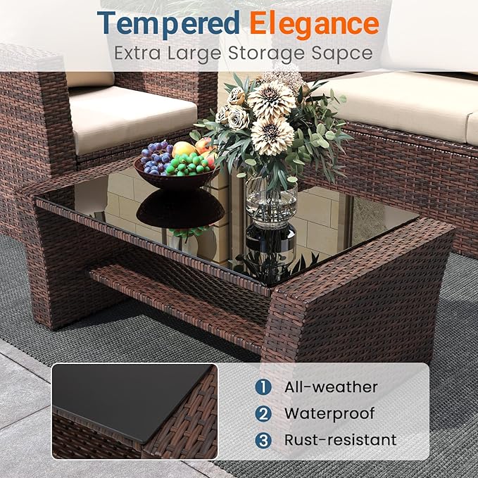 Wisteria Lane 4 Piece Patio Furniture Set, Wicker Outdoor Patio Conversation Furniture Set, All Weather Outdoor Patio Sofa with Cushion and Glass Table, Brown
