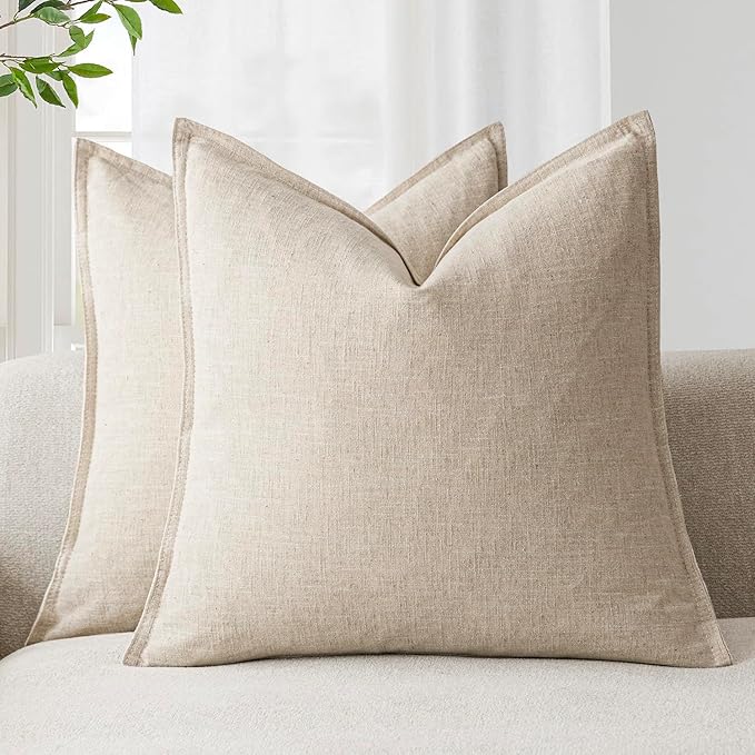 Foindtower Pack of 2, Decorative Linen Soild Throw Pillow Covers Soft Accent Cushion Case Boho Farmhouse Neutral Pillowcase for Couch Sofa Bedroom Living Room Home Decor 24 x 24 Inch Natural Beige