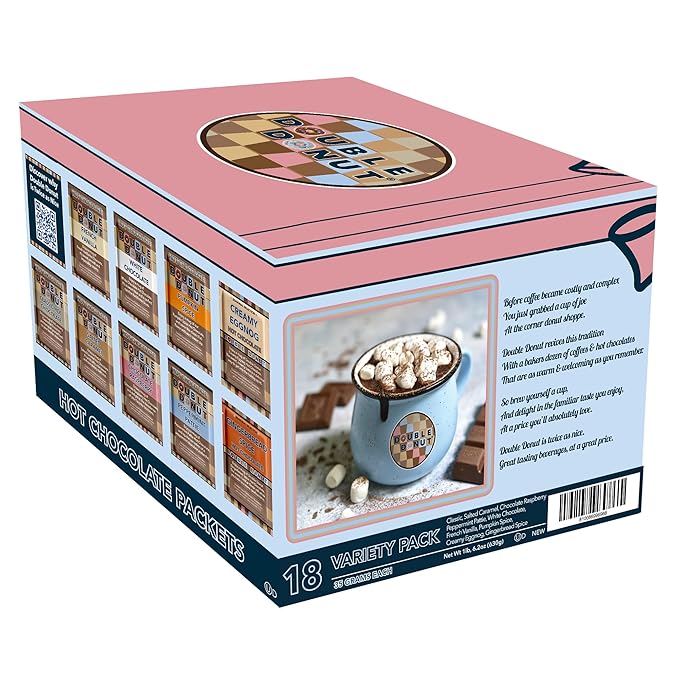 Double Donut Coffee Flavored Hot Chocolate Packets Variety Pack,18 Count Includes Classic, Chocolate Raspberry, Salted Caramel & Peppermint