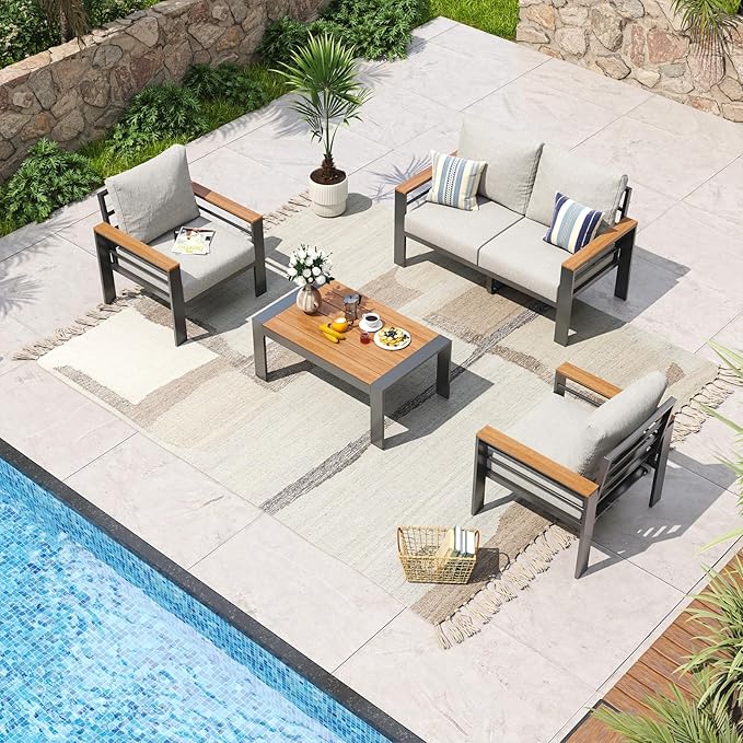 Aoxun Aluminum Patio Furniture Set 4 Seats, Oversized Outdoor Sectional with Washable Thick Cushions, Coffee Table and Waterproof Cover, Patio Conversation Sets for Porch, Balcony, Deck