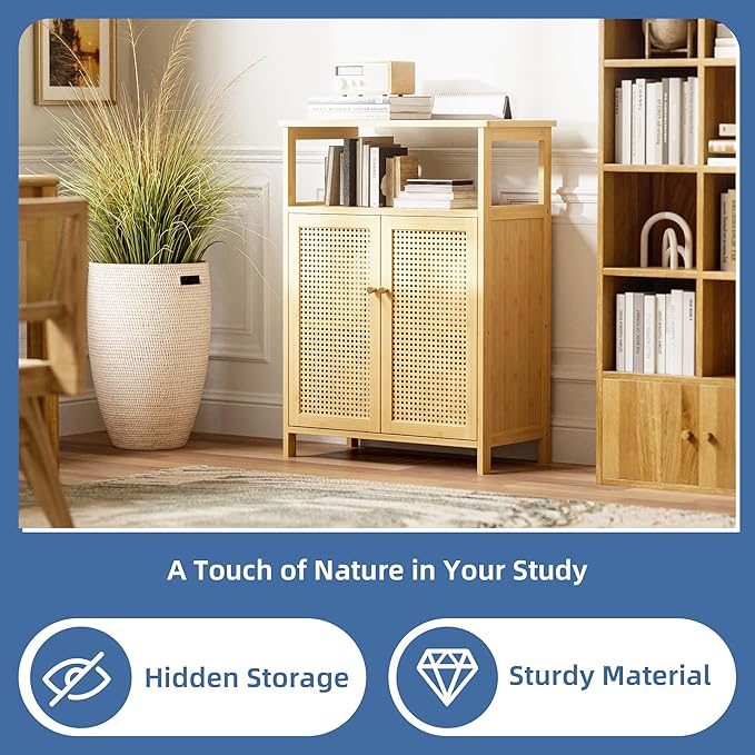 HITNET Rattan Bathroom Storage Cabinet, Bamboo Floor Cupboard with 2 Doors, Freestanding Side Organizer for Living Room, Kitchen, Entryway, Natural