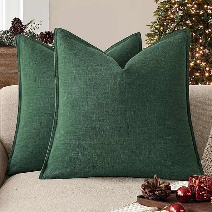 Foindtower Set of 2, Decorative Linen Soild Throw Pillow Covers Soft Accent Euro Cushion Case Farmhouse Neutral Pillowcase for Chair Couch Sofa Bedroom Living Room Home Decor 16 x 16 Inch Pine Green