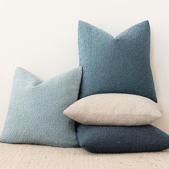 Foindtower Set of 2, Decorative Textured Boucle Throw Pillow Covers Accent Solid Pillow Cases Neutral Cozy Couch Cushion Case for Chair Sofa Bedroom Living Room Home Decor 26x26 Inch Misty Blue