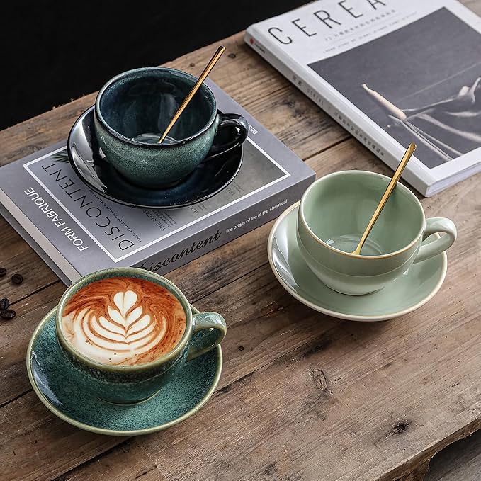 Porcelain Coffee Cup with Saucer Spoon, Vintage Design Ceramic Latte Art Cappuccino Barista Espresso Tea Cup with Saucer (11.6 oz, 350ml, White Both Green)