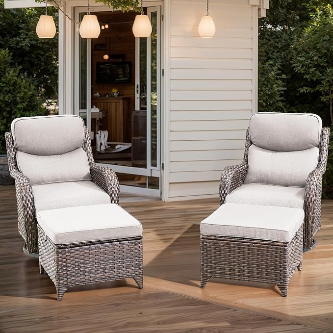 HUMMUH Wicker Patio Furniture High Back Swivel Rocker Patio Chairs Outdoor Bistro Set with Ottomans Side Table for Porch Garden Deck