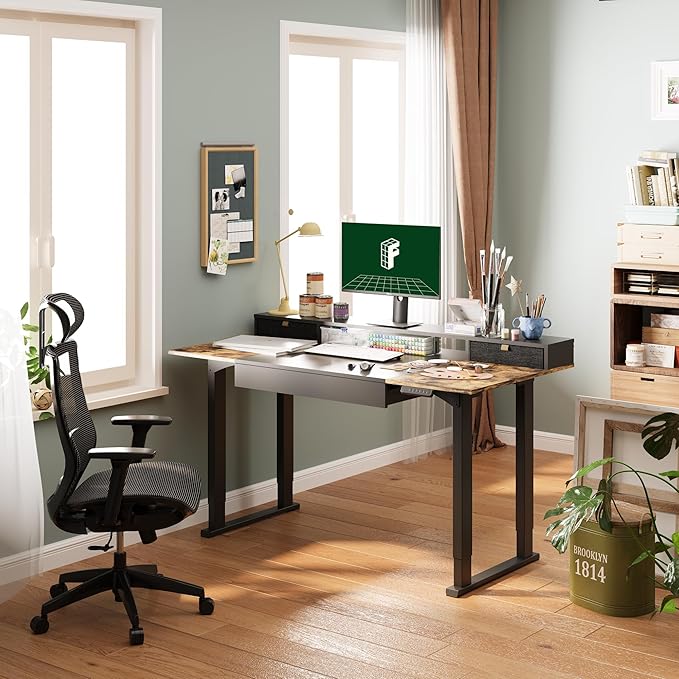 FLEXISPOT 4-Leg Standing Desk with Storage 71x32 in Electric Adjustable Height with 3 Drawers & Shelving Home Office Workstation (Black + Special Walnut Top)