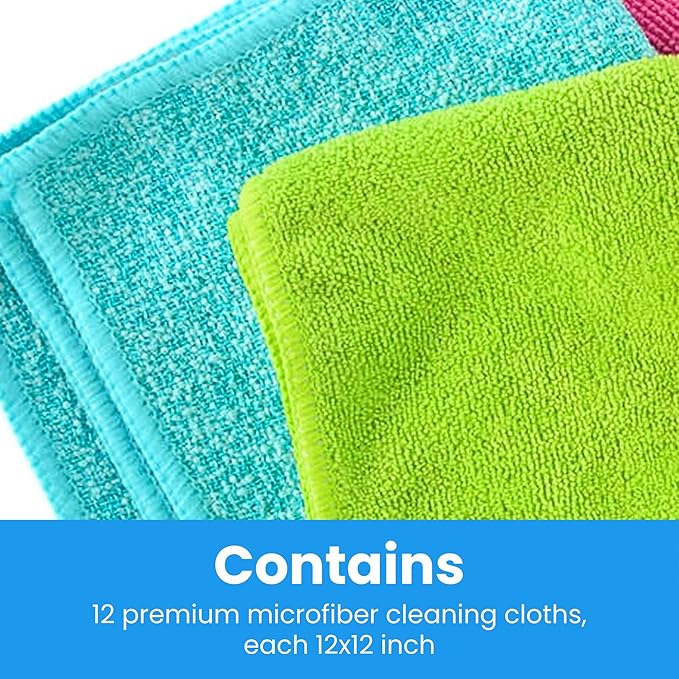 Microfiber Cleaning Cloth 12 Pack - 12 x 12 inches - Rags for Cleaning House Streak-Free Wipes for Screens, Dusting & Appliances - Premium Microfiber Cleaning Cloth