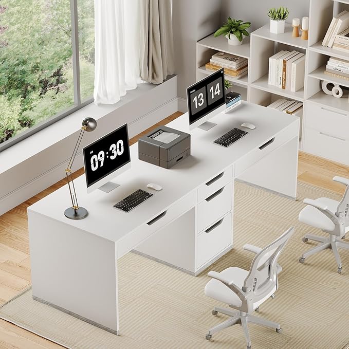 Two Person Desk with 5 Drawers, Double Desk with Storage for 2 People, 78 Inch Extra Long Computer Desk Workstation with File Drawer for Home Office, White