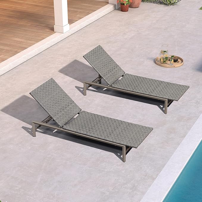 PURPLE LEAF Patio Oversized Chaise Lounge Rattan Chair Set of 2 Outdoor Pool Adjustable Recliner Wicker Chairs for Outside Woven Furniture Tanning Poolside Lounger Granite Gray