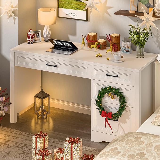 Vabches Farmhouse Executive Desk with Storage and Ample File Drawer, Rustic Large Home Writing Desk for Bedroom, Pure White