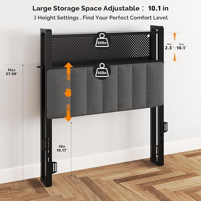 VINGLI Twin or Twin XL Size Headboard, Adjustable Upholstered Headboard with 2 Tier Shelves and Pegboard with Charging Stations and LED Lights, Modern Bed Headboard with Storage for Bedroom Decor