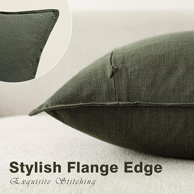 Foindtower Pack of 2, Decorative Linen Solid Throw Pillow Covers Soft Accent Cushion Case Farmhouse Neutral Pillowcase for Chair Couch Sofa Bedroom Living Room Home Decor 26 x 26 Inch Dark Olive Green