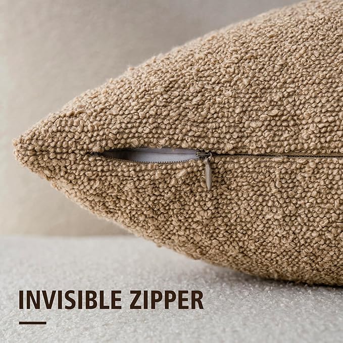 Foindtower Set of 2, Decorative Textured Boucle Throw Pillow Covers Accent Solid Pillow Cases Soft Cozy Couch Cushion Case for Chair Sofa Bedroom Living Room Home Decor 26 x 26 Inch Taupe Khaki Camel
