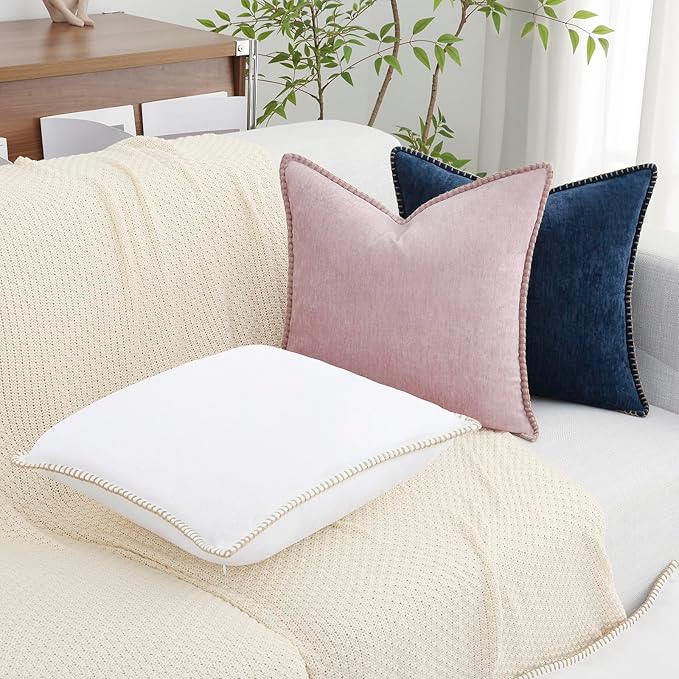 decorUhome Chenille Soft Throw Pillow Covers 16x16 Set of 2, Farmhouse Velvet Neutral Decorative Euro Pillow Covers with Stitched Edge for Couch Sofa Bed Home Decor, White