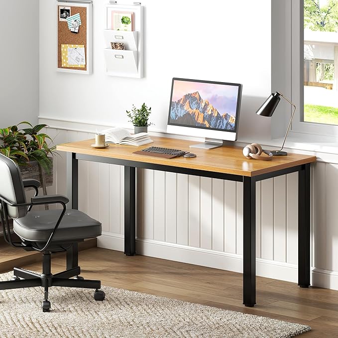 Need Computer Desk, 47 inch Home Office Desk, Modern Simple Style Home Office Gaming Desk, Basic Writing Table for Study Student, Black Metal Frame, Teak
