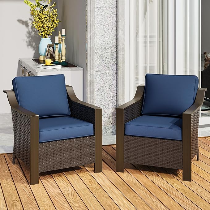 Outdoor Armchairs Set of 2, Patio Metal Wicker Conversation Furniture Set, Premium & Washable Cushions, Durable PE Rattan, Metal Armrests with Wood Grain, Backyard (Navy Blue)