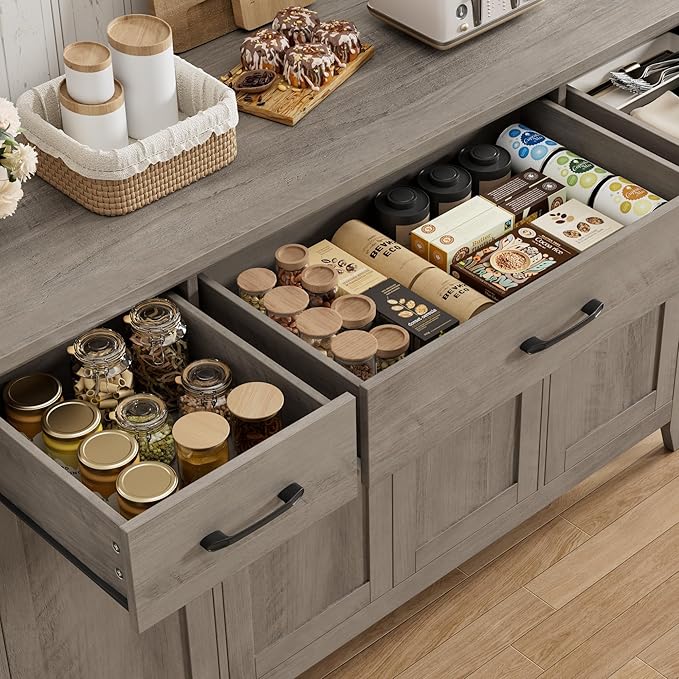 HORSTORS 55" Buffet Cabinet, Modern Farmhouse Sideboard Buffet with Drawers, Large Kitchen Storage Cabinet with Adjustable Shelves, Wood Coffee Bar for Kitchen, Dining Room, Living Room, Grey