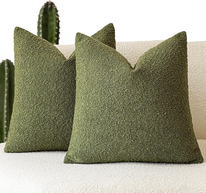 Foindtower Set of 2, Decorative Textured Boucle Throw Pillow Covers Accent Solid Pillow Cases Neutral Soft Cozy Couch Cushion Case for Chair Sofa Bedroom Living Room Home Decor 26 x 26 Inch Green