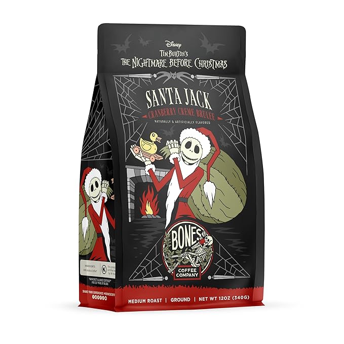 Bones Coffee Company The Nightmare Before Christmas Santa Jack Flavored Coffee Beans, Medium Roast Ground Coffee Low Acid, Cranberry Creme Brulee Flavor (12 oz)