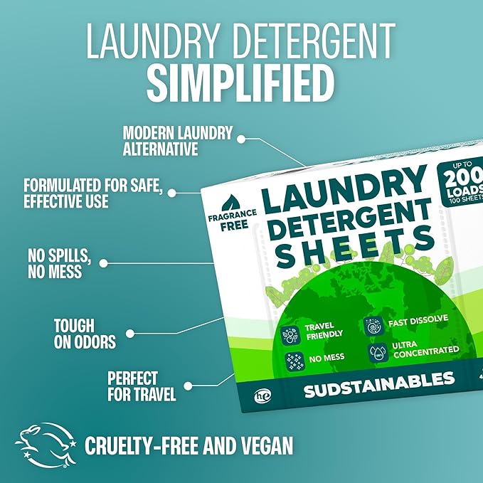 Sudstainables Laundry Detergent Sheets 200 Loads – Dissolvable Laundry Sheet for Washing Machines, Compact Alternative to Liquid & Powder Detergent, Travel-Friendly Soap | Fragrance Free