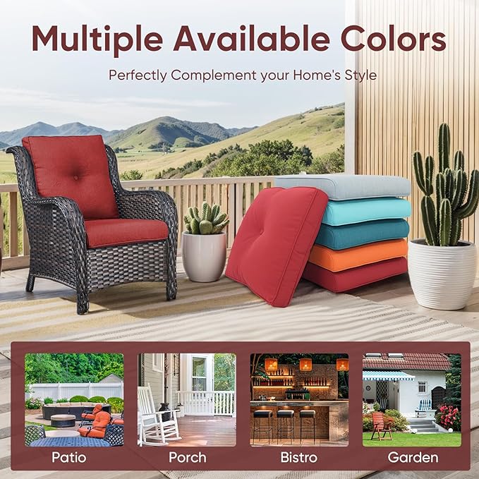 7-Piece Outdoor Patio Cushion Set - Fade & Water Resistant with Removable Olefin Cover, 22x24x4 Inch Memory Foam Cushions for Wicker Sectional Sof - Red/Buckle