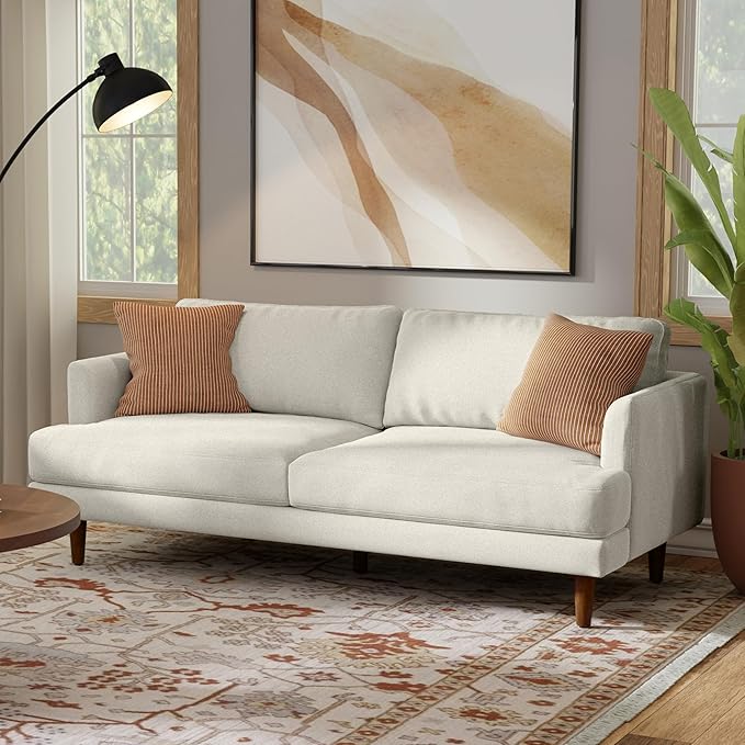 SIMPLIHOME Livingston 76-inch Wide Sofa in Cream White Woven-Blend Fabric, Handcrafted Loveseat Couch for Living Room or Family Room, Mid-Century Modern Style, Solid Wood Frame