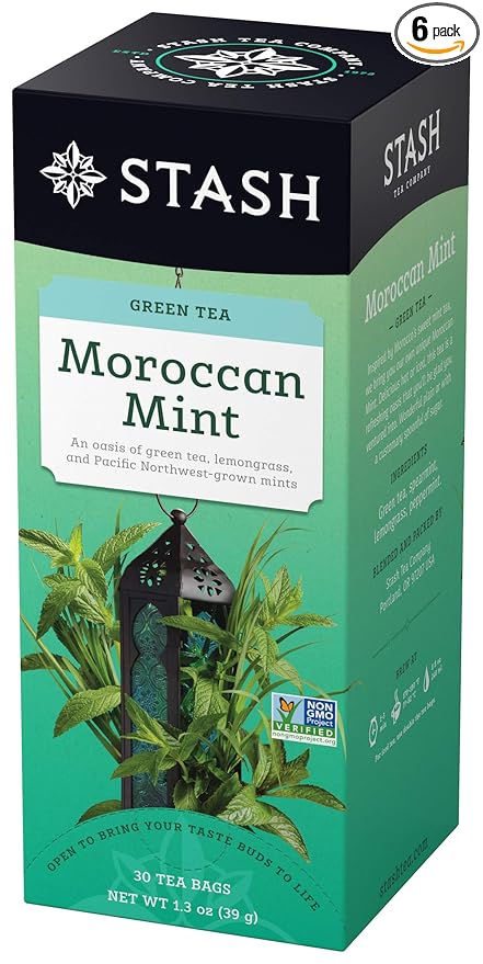 Stash Tea Moroccan Mint Green Tea - Caffeinated, Non-GMO Project Verified Premium Tea with No Artificial Ingredients, 30 Count (Pack of 6) - 180 Bags Total