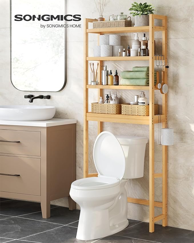 SONGMICS Over The Toilet Storage, 4-Tier Over Toilet Bathroom Organizer with Adjustable Shelves, 10.2 x 24.8 x 72.8 Inches, Space-Saving, Natural Beige UBTS041N01