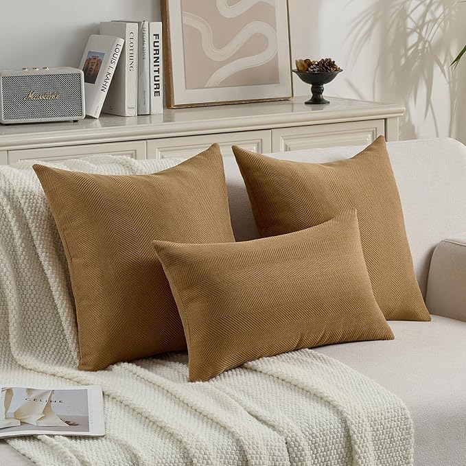 FUTEI Camel Chenille Throw Pillow Covers 26x26 Inch Set of 2,Soft Wide Chevron Textured Euro Pillow Shams,Farmhouse Home Decor for Couch Bed Living Room