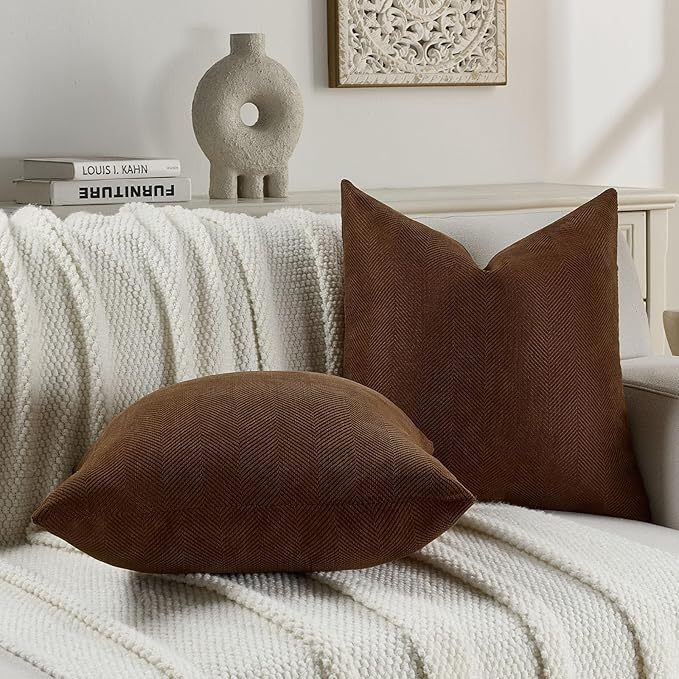 FUTEI Dark Brown Chenille Throw Pillow Covers 12x20 Inch Set of 2,Soft Wide Chevron Textured Lumbar Pillow Cases,Farmhouse Home Decor for Couch Bed Living Room