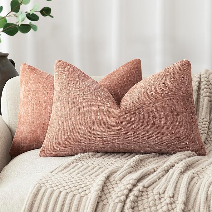 Foindtower Pack of 2 Soft Textured Chenille Throw Decorative Pillow Covers Square Accent Solid Cushion Cover Neutral Lumbar Pillow Case for Couch Sofa Bedroom Living Room 12x20 Inch,Dusty Pink