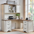 T4TREAM 59" L Shaped Desk with Hutch,Victorian Wood Computer Desk, Featuring Charging Station,File Drawer, Storage Cabinet,for Home Office Work and Study (Antique White)