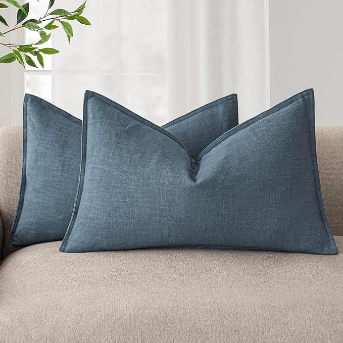Foindtower Pack of 2, Decorative Linen Soild Throw Pillow Covers Soft Accent Lumbar Cushion Case Farmhouse Pillowcase for Chair Couch Sofa Bedroom Living Room Home Decor 12 x 20 Inch Misty Blue