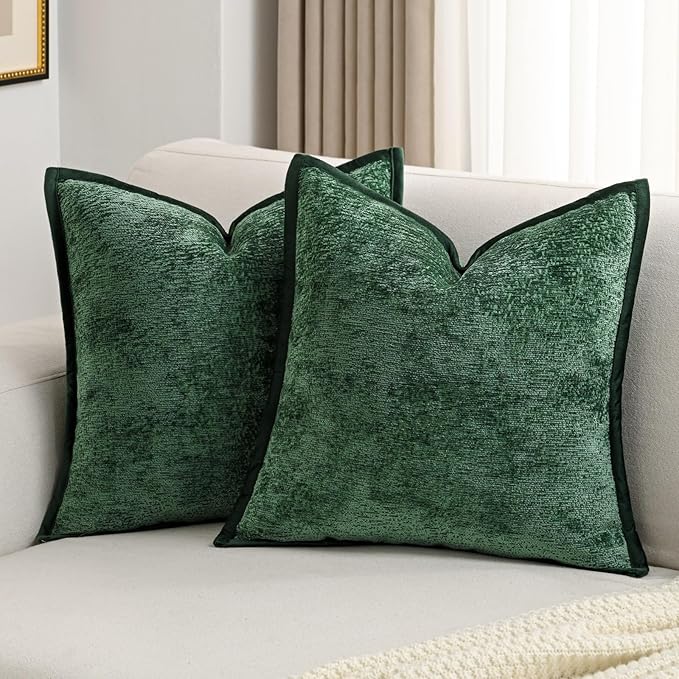 FUTEI Christmas Dark Green Chenille Throw Pillow Covers 26x26 Inch Set of 2,Soft Cozy Bound Edge Design Euro Pillow Sham,Home Decor for Couch Bed Living Room