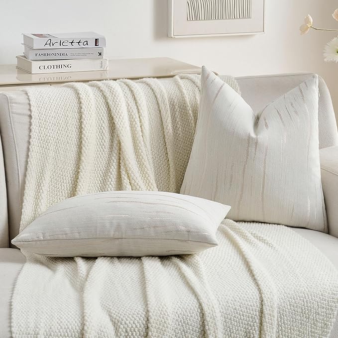 FUTEI Cream Chenille Decorative Throw Pillow Covers 16x16 Inch Set of 2,Soft Embossed Striped Textured Cushion Case,Modern Home Decor for Couch Bed Living Room