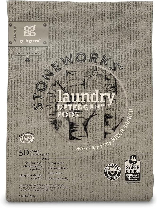 Grab Green Stoneworks Laundry Detergent Pods, 100 Count, Birch Branch Scent, Plant and Mineral Based, Cleans Deeply, Eliminates Odors, Fights Stains,