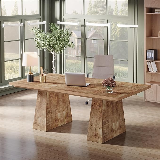 Tribesigns 63-Inch Executive Desk, Large Office Computer Desk with Double Pedestal, Modern Simple Workstations Writing Table Conference Table Business Furniture for Home Office, Natural