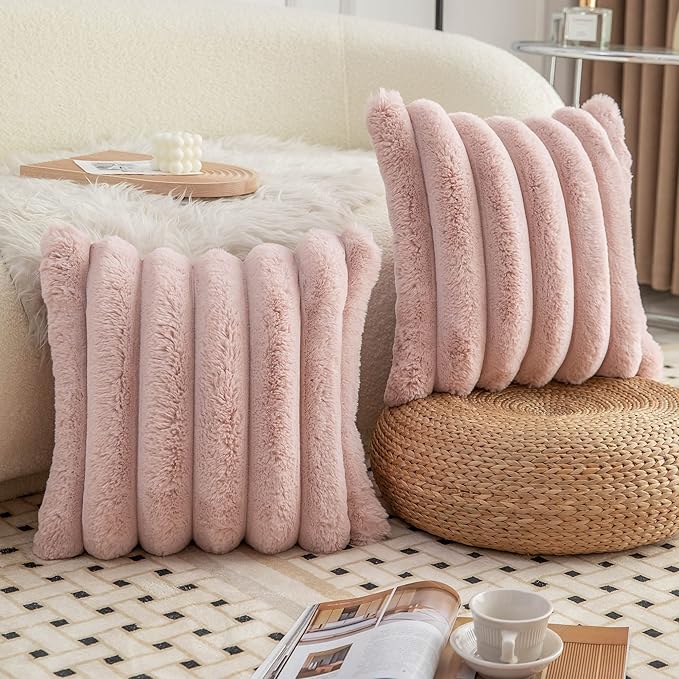 Neelvin Pink Faux Fur Cozy Soft Striped Decorative Throw Pillow Covers 20x20 inch Set of 2,Velvet Pillowcase Cushion Case for Sofa Couch