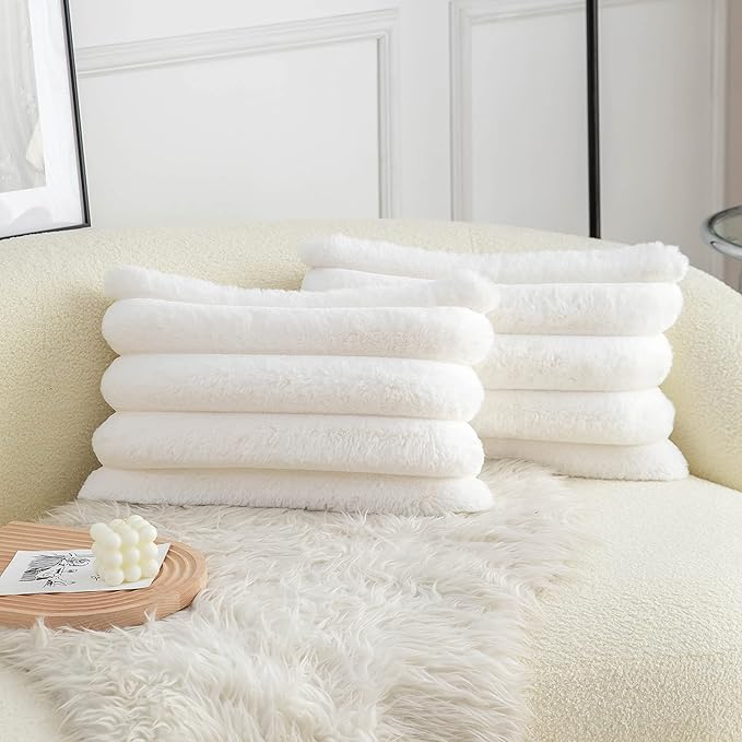 Neelvin Cream White Faux Fur Cozy Soft Striped Decorative Throw Pillow Covers 12x20 inch Set of 2,Velvet Pillowcase Cushion Case for Sofa Couch
