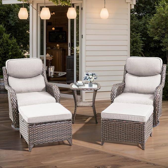 7-Piece Outdoor Wicker Patio Furniture Set with Swivel Glider Chairs,Loveseat, Coffee Table & Ottomans 5” Olefin Cushions Ergonomic Neck-Lumbar Backrest All-Weather Rattan for Garden, Deck, Porch