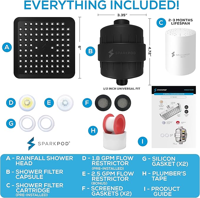 SparkPod Luxury Filtered Shower Head Set 23 Stage Shower Filter - Reduces Chlorine and Heavy Metals - High Pressure Showerhead Filter (6" Square, Midnight Black Matte)
