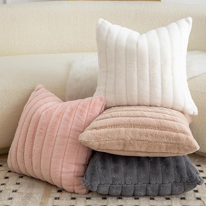 Pack of 2 Faux Fur Throw Pillow Covers 20x20 Inch Striped Decorative Soft Plush Couch Pillow Case Home Decor for Bed, Sofa, Living Room Beige