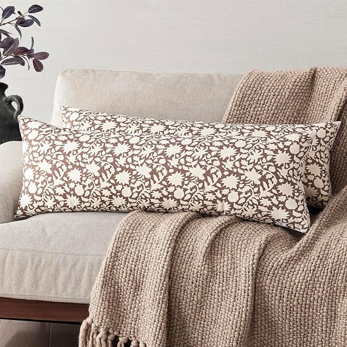 Foindtower Set of 2 Decorative Long Body Lumbar Throw Pillow Covers Accent Farmhouse Cushion Covers Floral Vintage Pillowcase for Couch Sofa Bedroom Living Room Home Decor,14×36 Inch,Brown