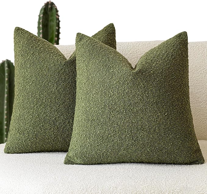 Foindtower Set of 2, Decorative Textured Boucle Throw Pillow Covers Accent Solid Pillow Cases Neutral Soft Cozy Couch Cushion Case for Chair Sofa Bedroom Living Room Home Decor 16 x 16 Inch Green