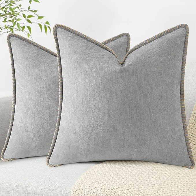 decorUhome Chenille Soft Throw Pillow Covers 16x16 Set of 2, Farmhouse Velvet Neutral Decorative Euro Pillow Covers with Stitched Edge for Couch Sofa Bed Home Decor, Neutral Gray