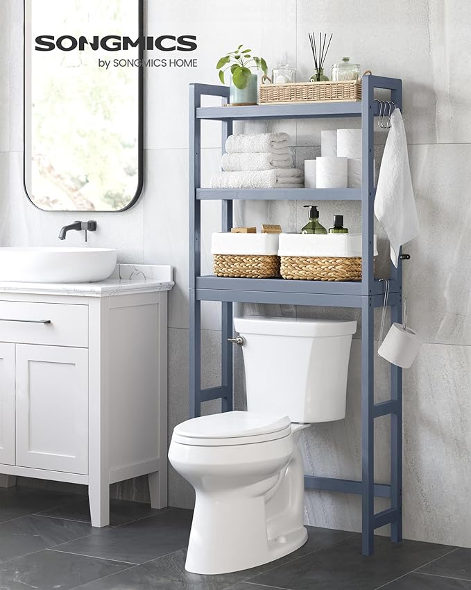 SONGMICS Over The Toilet Storage, 3-Tier Over Toilet Bathroom Organizer with Adjustable Shelf, 10.2 x 24.8 x 66.9 Inches, Space-Saving, Gray UBTS001G01