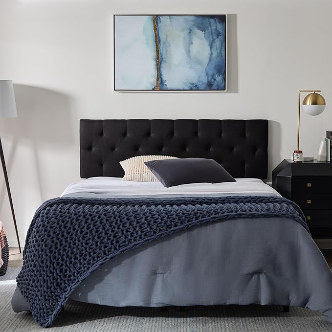 Lucid Mid-Rise Upholstered Headboard - Diamond Tufted - Padded Polyester - Adjustable Height from 34” to 46” - Easy Assembly - Bed Frame or Wall Mount - Sturdy - Black - King / Cal King Size